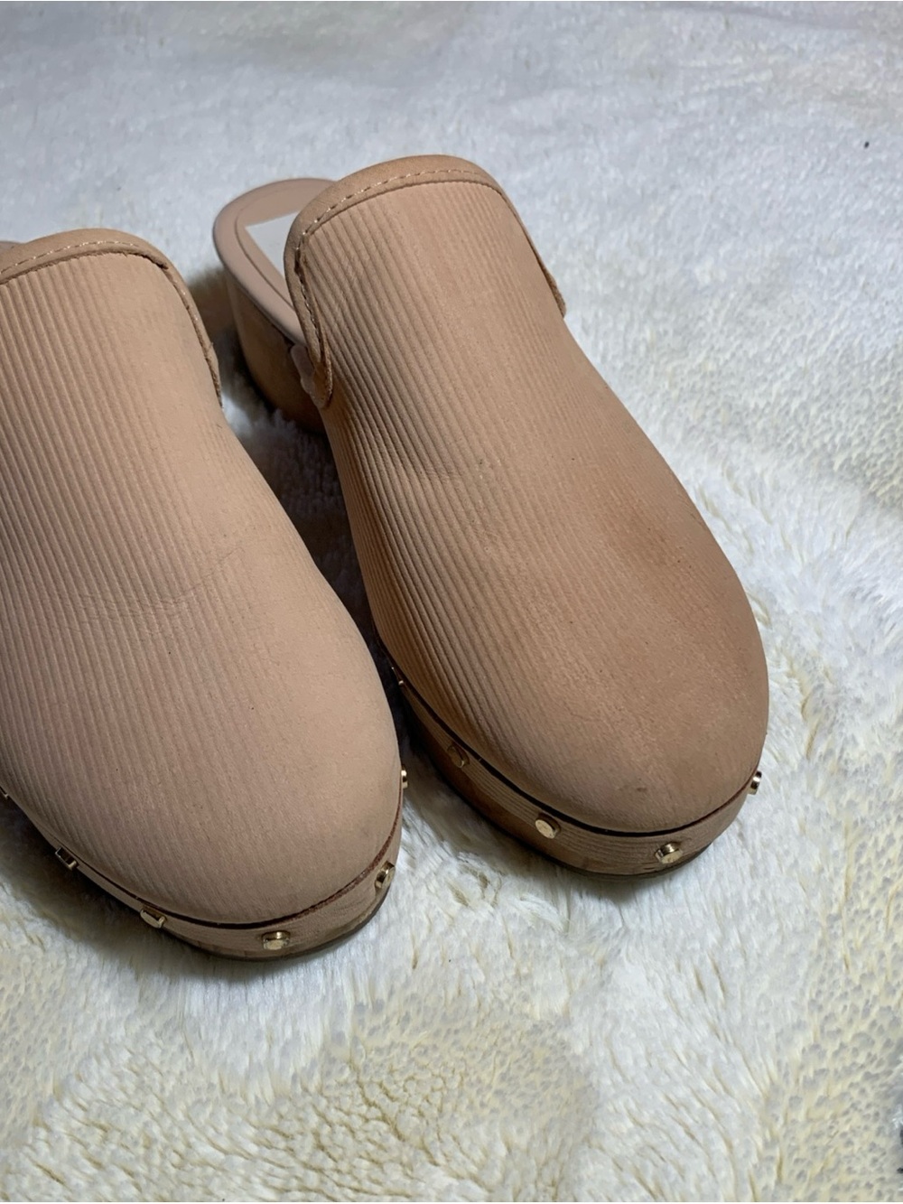 Dolce Vita Nude Ribbed Slip-On Clog Mules with Gold Studs